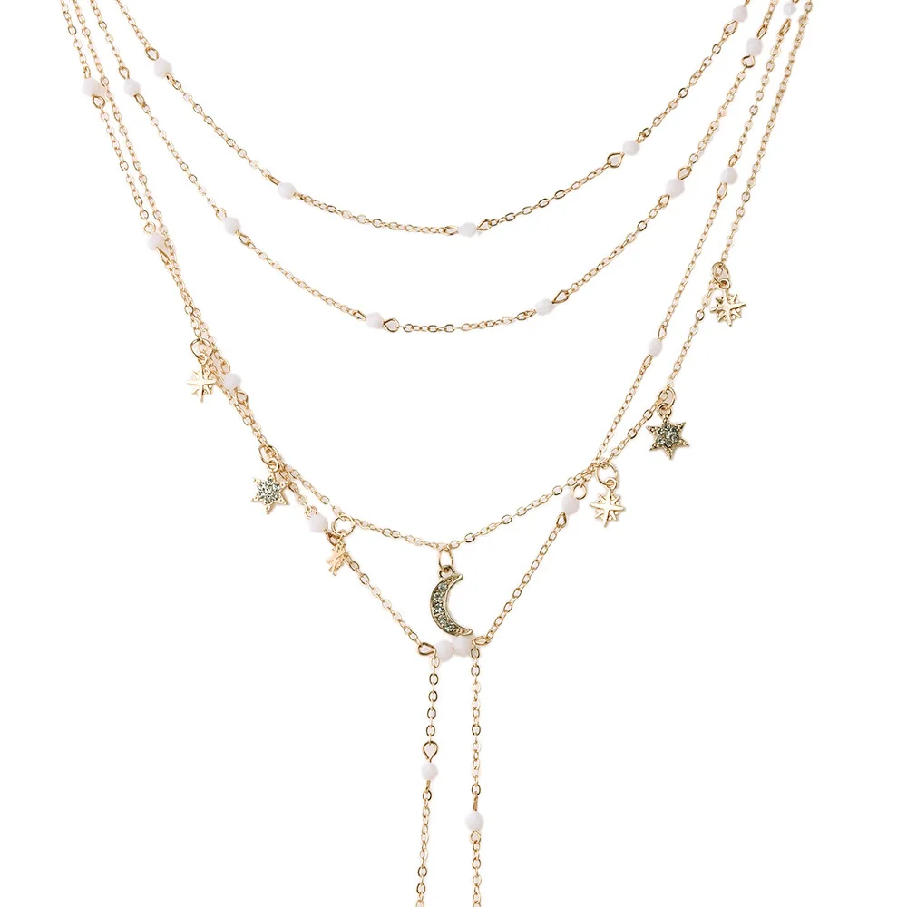 

Full diamond moon pentagram necklace fashion trend jewelry