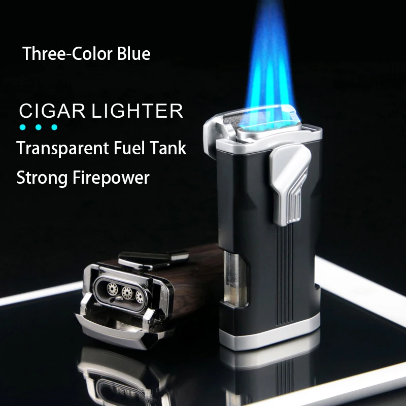 

Three Blue Flame Cigar Lighter Metal Strong Windproof Gas Lighter Cigar Gadget Gift for Men