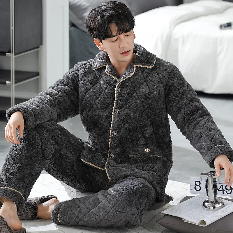 QUHENG Flannel Sleepwear New Men's Thicken Warm Winter Fleece Pajamas Set Nightgown Long Sleeve Button  Pijamas Home Clothes
