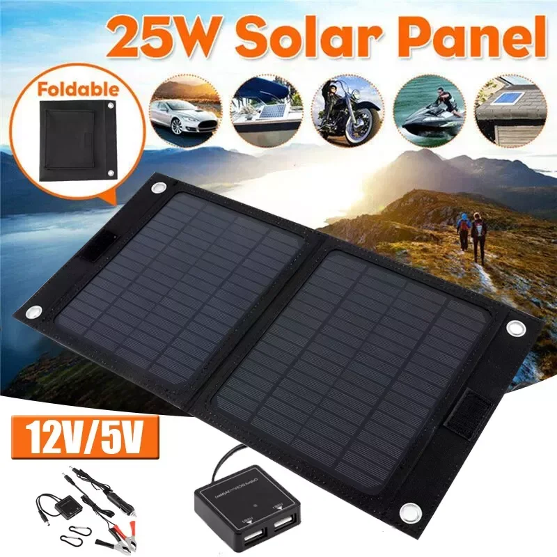 

NEW2023 Outdoor Portable 12V 25W Folding Solar Cells Charger Foldable Solar Panel Charger Mobile Bank for Phone Battery USB Por