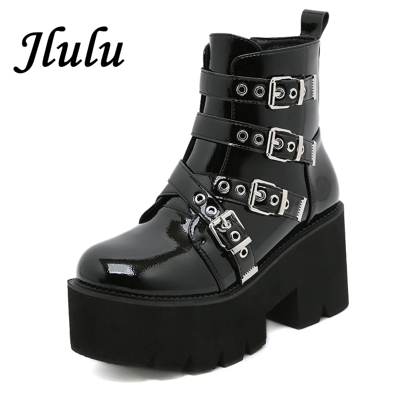 

Женские мотоциклетные ботильоны с металлической пряжкой, черные готические ботинки на массивной платформе для косплея, ботинки в стиле пан...