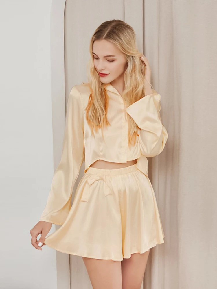 

Hiloc Bow Flare Sleeves Satin Pajama Sets Crop Tops Pajamas With Shorts Ruffled Yellow Home Suit Loose Sets Women Sleepwear 2022