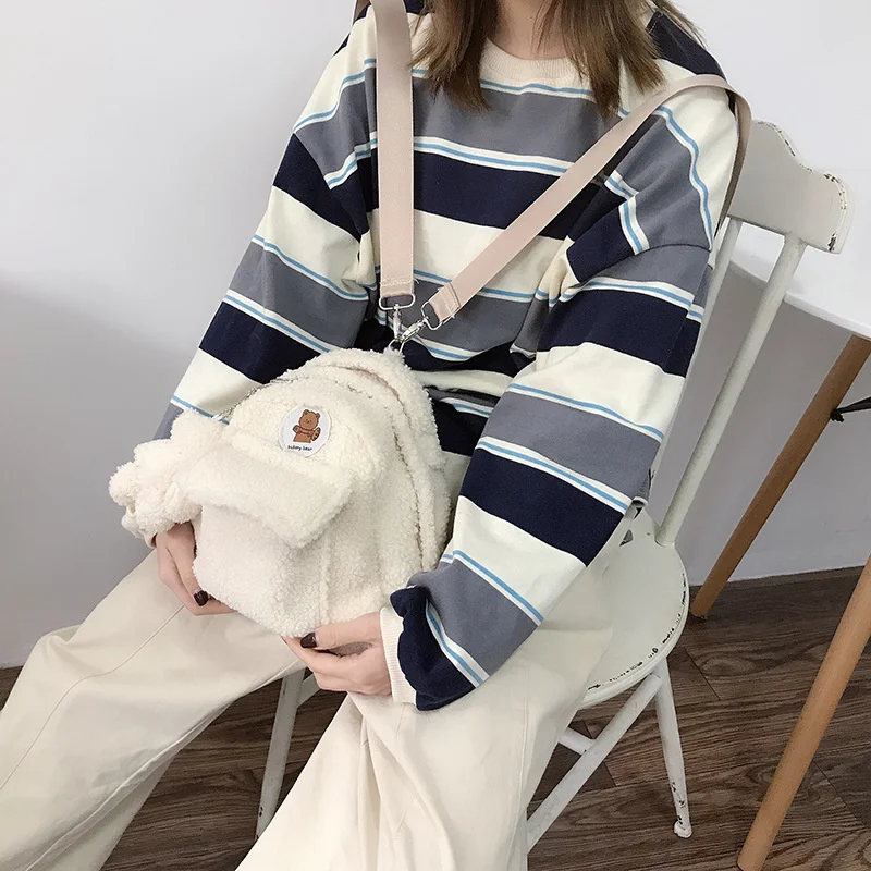 

Women Mini Backpack Female Lamb Like Fabric Shoulder Bag Ladies Cute Kawaii Small Travel Bags Plush Purse for Teenage Girls