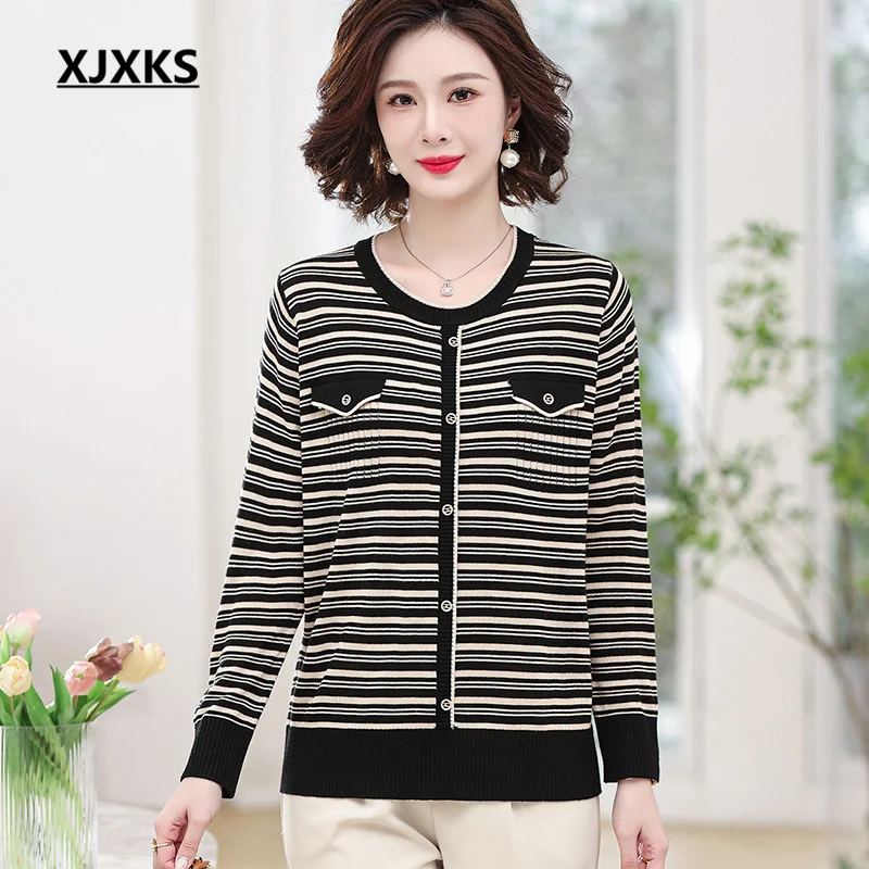 

XJXKS 2023 Spring And Autumn New Fashion Women's Striped Sweater Round Neck Long-sleeved Soft Wool Knit Pullover