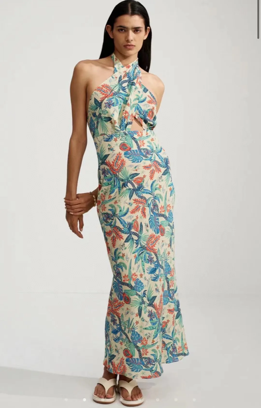 

Women Elegant Exotic Retro Style Slim Sexy Hanging Neck Flower Printed Silk Dress