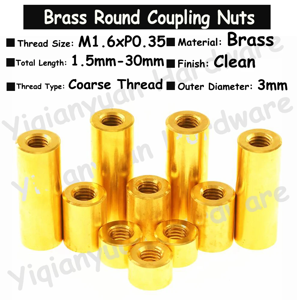 

5Pcs-10Pcs M1.6xP0.35 Coarse Thread Brass Extend Long Lengthen Round Coupling Nut Connector Joint Sleeve Nuts Copper Tiny Nut