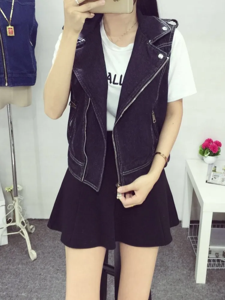 

Женский джинсовый жилет без рукавов, винтажный короткий жилет на молнии с отложным воротником, черный, белый, синий цвета, 7XL, 8XL, верхняя одеж...