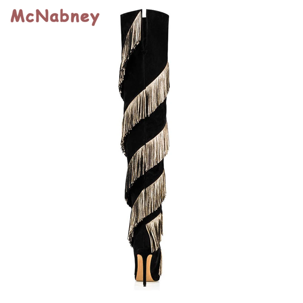 Fashion Women Over The Knee Boots Fashion Sexy Pointed Toe Stilettos Heels Golden Tassel Knee High Boots Slim Tassel Shoes