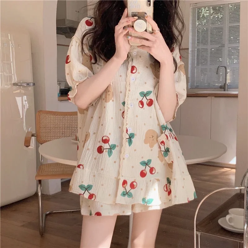 CAIYIER Sweet Cherry Bear Women Pajamas Set Summer Korean Female Sleepwear Short Sleeve Shorts Sleepwear Kawaii Nightwear 2pcs