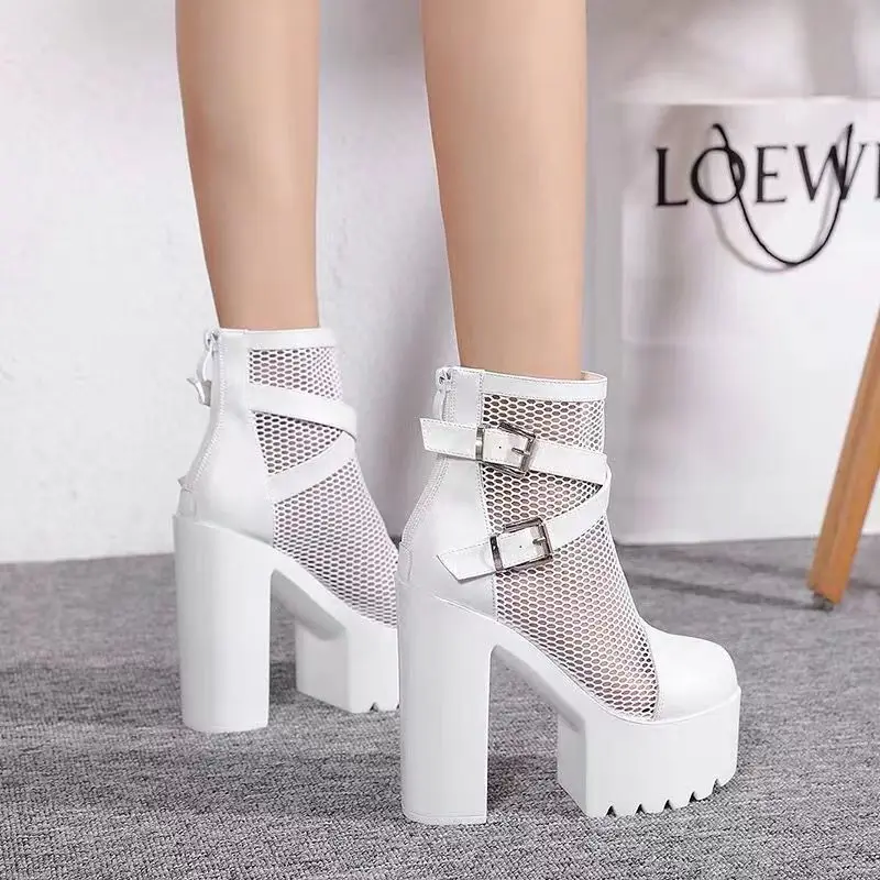 Women Hollow-out High-heeled Boots Mesh Breathable Platform Boots Personalized Party High-heeled Shoes Versatile Women's Sandals