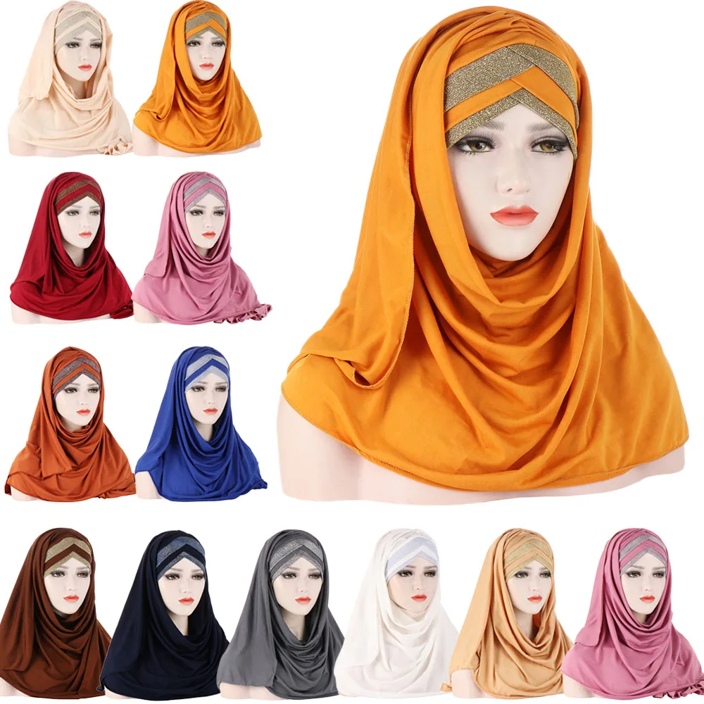 

Glitter One Piece Amira Muslim Women Long Scarf Pull On Ready Wear Instant Cap Headwear Wrap Hijab Turban Arab Femme Chemo Shawl