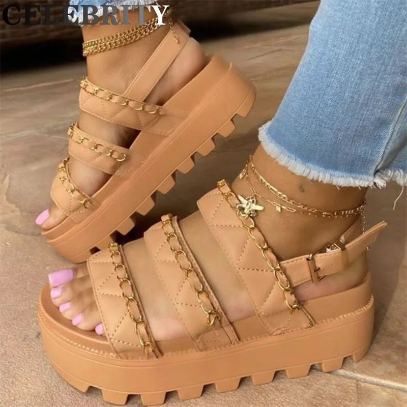 

New Thick Soled Elevated Sandals Women's 2022 Muffin Bottom Rivet Flat Roman Shoes