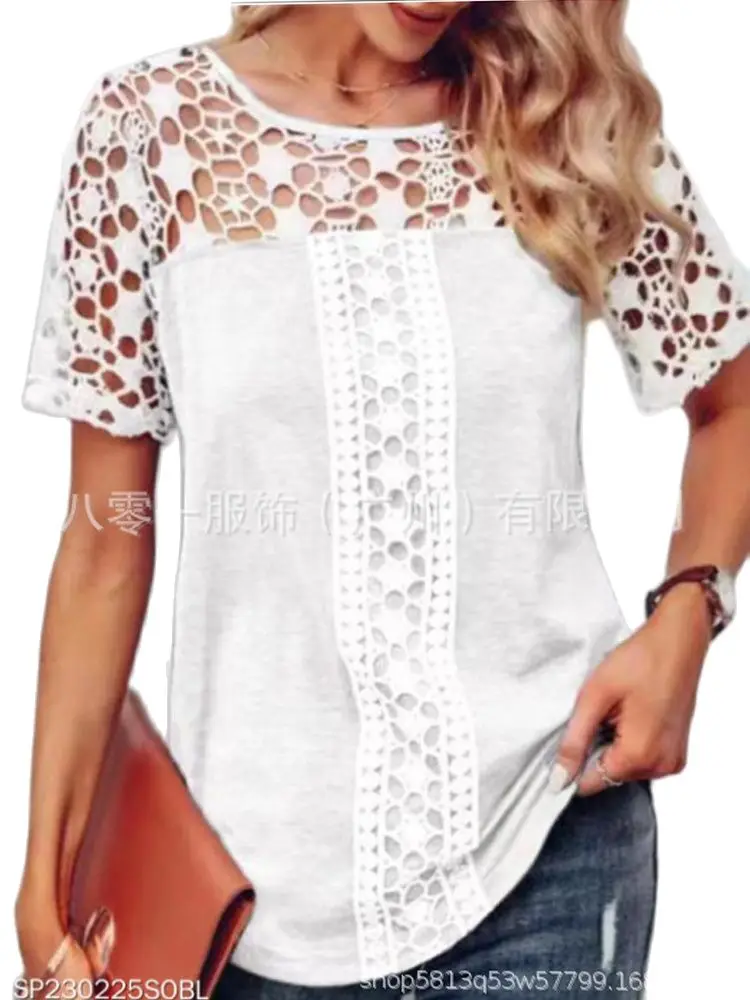 Women's Blouse 2023 Spring/Summer Lace Shirt Round Neck Casual Lace Panel Short Sleeve Top Solid Color Shirt