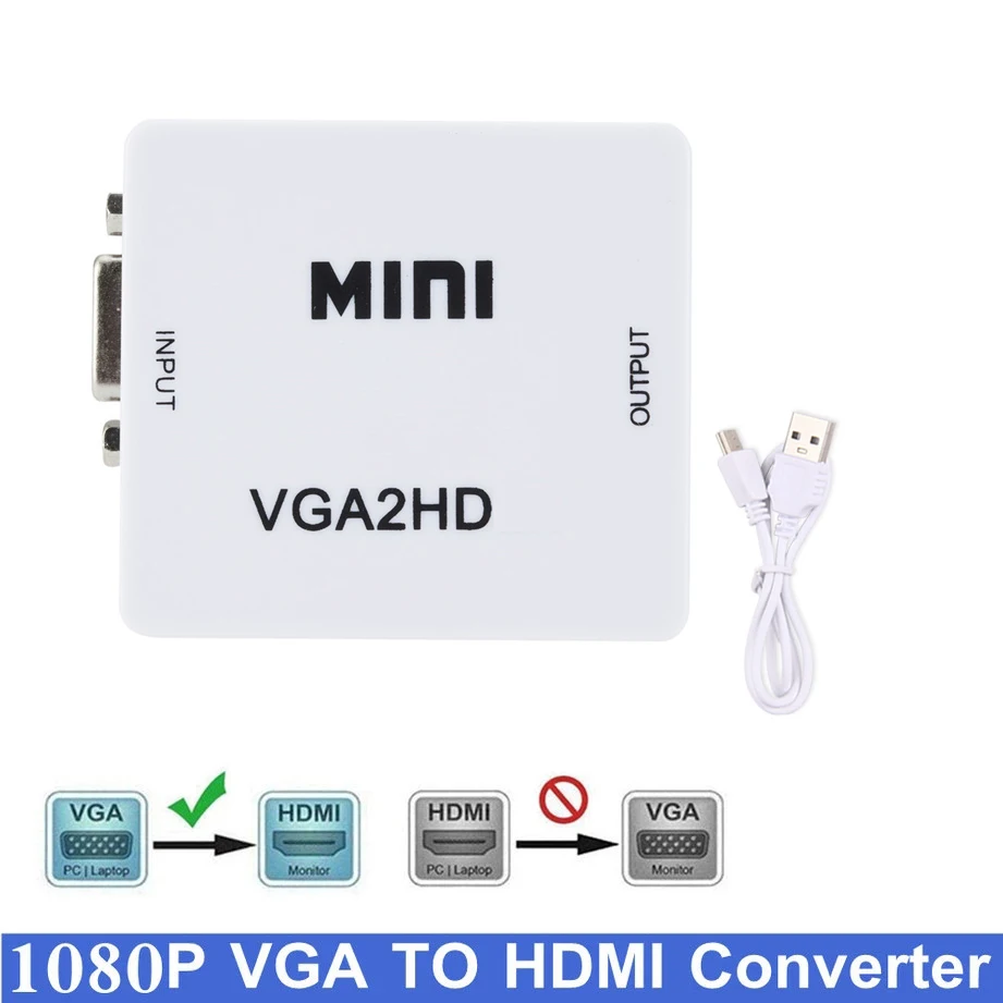 

Портативный мини-конвертер GRWIBEOU с VGA на HDMI, видеоприставка VGA2HDMI, аудиоадаптер 1080P для ноутбуков, ПК, HD ТВ-проекторов, телевизоров