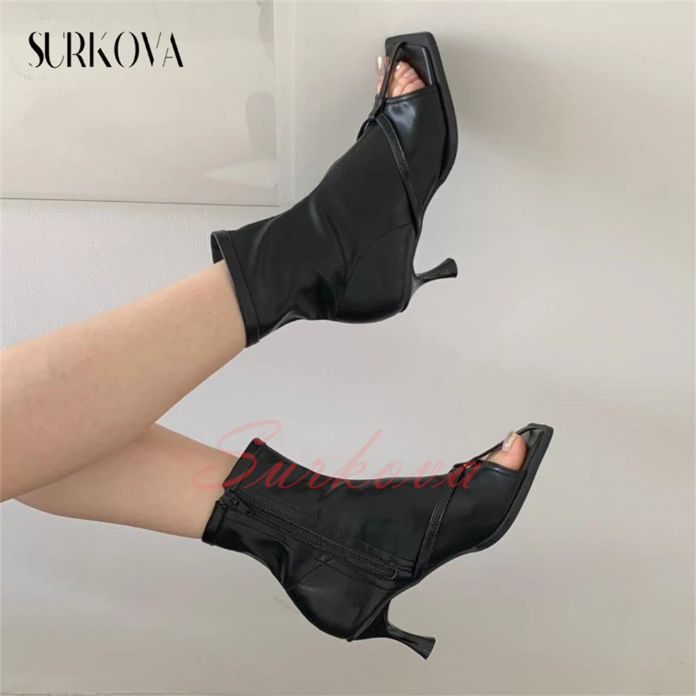 Thong Thin Strap High Heel Short Boots Women's Solid Color Square Open Toe Leather Boots Mid Heel Ankle Boots Fashion Shoes New