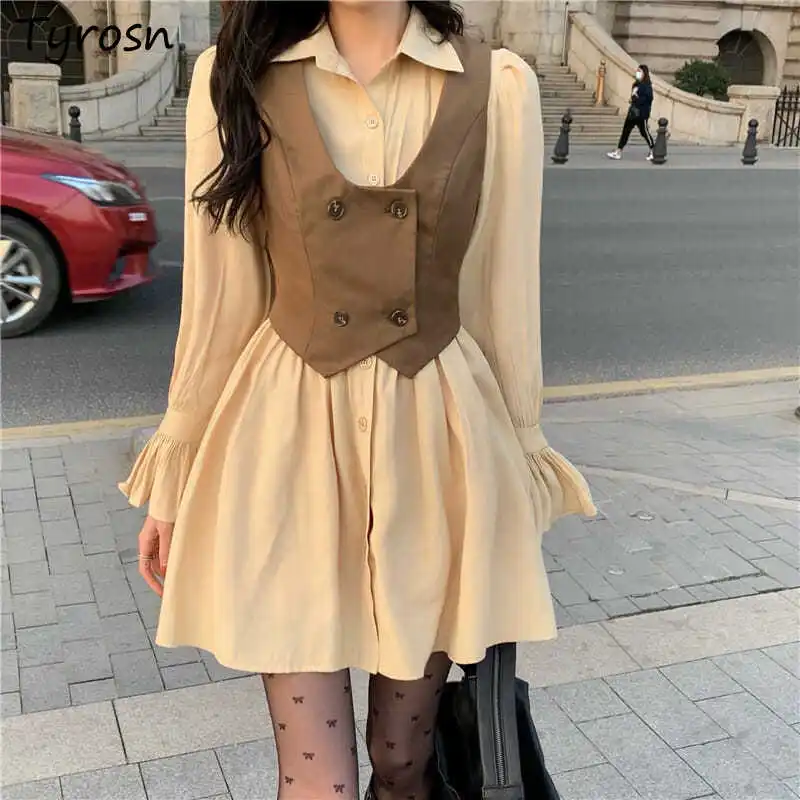 

Women Dress Sets Double Breasted Crop Waistcoat Retro Gentle Stylish Long Sleeve Above Knee Buttons Dresses Slim Sweet Elegant