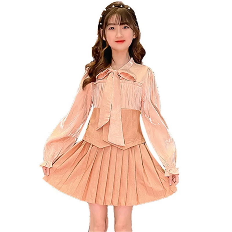 Teenagers Kids Girl Clothes Suit Spring Summer Korean Cute Bowknot Neck+Skirt 2PCS Costume Tracksuit for Children 10 12 14Years