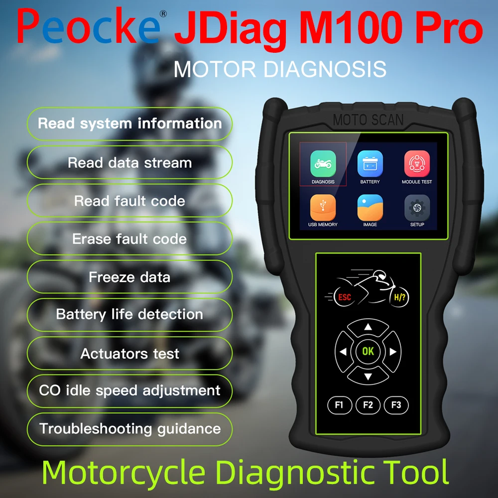 JDiag M100 Pro Escáner de diagnóstico de motocicleta D87 D88 Función de motocicleta Herramienta de diagnóstico Lector de código Inspección para Yamaha/Kawasaki/Honda/Suzuki/KTM/Piaggio Multi-Idioma