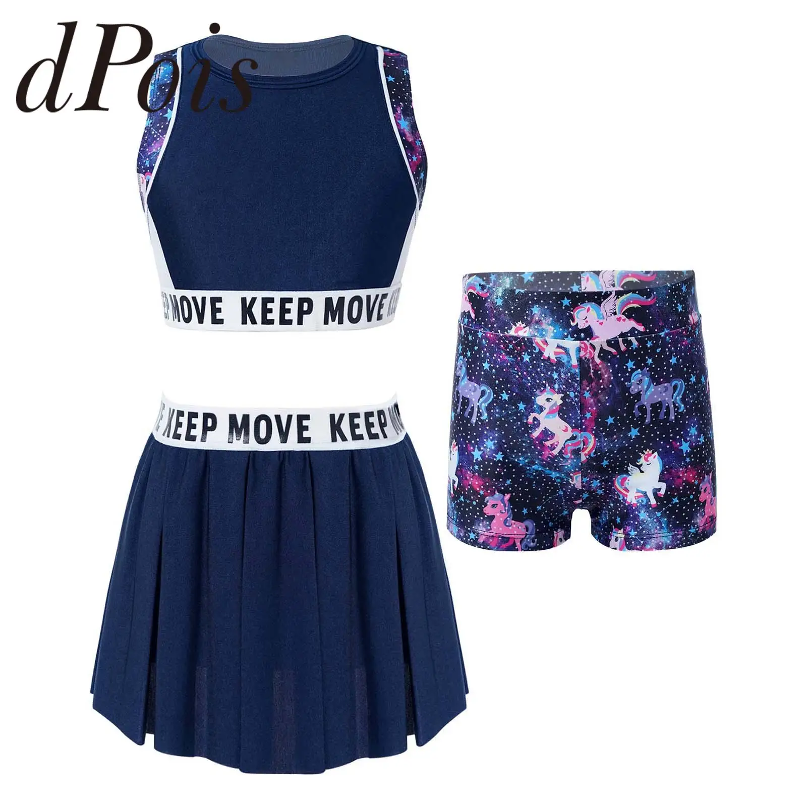 

Yoga Set Kids Girls Sports Clothes Cartoon Horse Print Crop Top Skirt + Shorts Sportwear for Gym Tennis Workout Fitness Suit