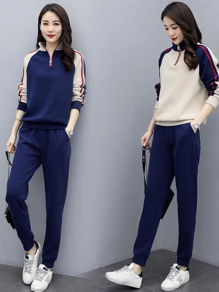 

2022 Autumn New Sports Suit Female Long-sleeved Sweater Gym Pants Two-piece Suit Stand Collar Stitching Sports Suit Workout Wear