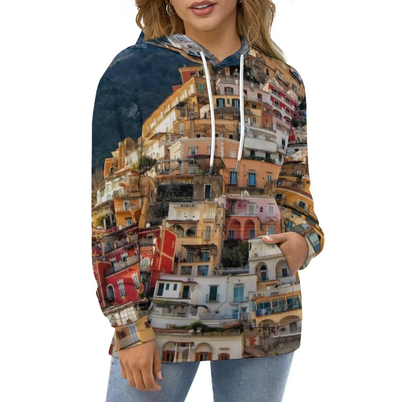 

Architecture Mountains Hoodies Couple Italy Positano Street Wear Casual Pullover Hoodie Long Sleeve Hooded Sweatshirts Big Size
