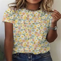 womens casual everyday floral themed t shirt plant short sleeve crew neck basic top yellow small floral 3d printed short sleeve