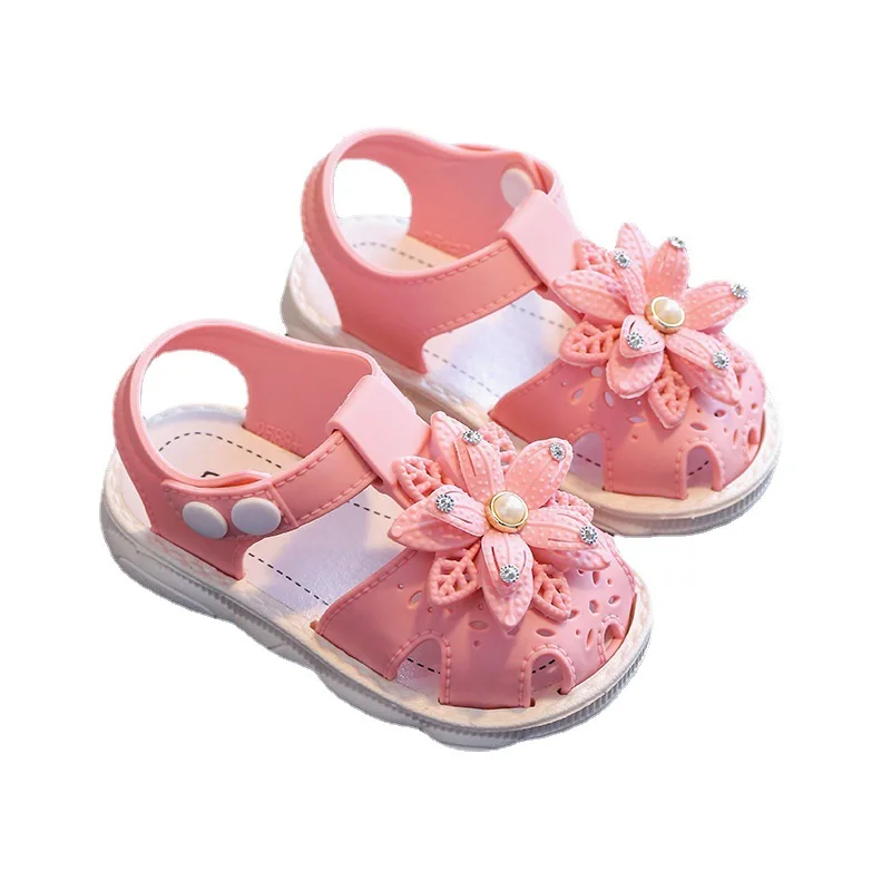 

Girls Sandals 2022 Summer Fashion Kids Covered Toes Soft New Princess Solid Flower Sweet Children Flat Water Shoes Snap Button