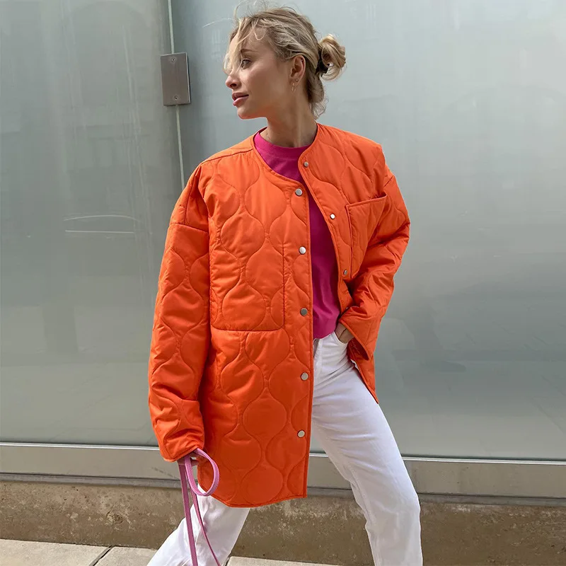 Casual Button-Up Quilted Winter Jacket Women 2022 Long Sleeve Top With Pockets Green Loose Streetwear Cotton Coats Outerwear