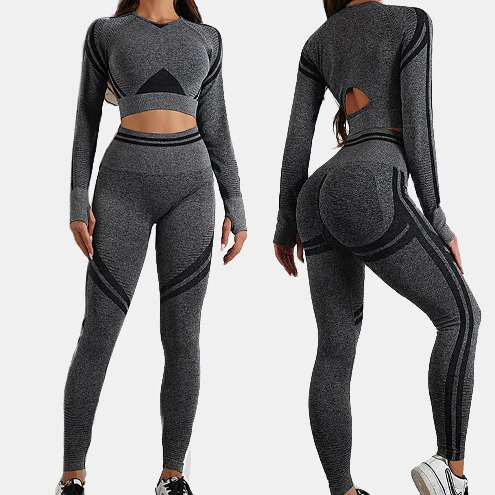 Women's Tracksuit Seamless Yoga Set Sports Suit for Fitness Long Sleeve Crop Top Gym Clothing Women Workout Sportswear Two Piece