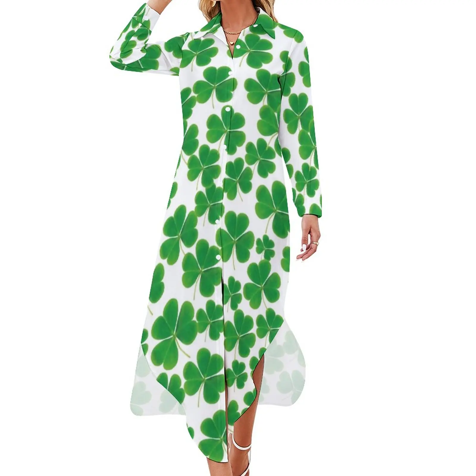 

St Patricks Day Chiffon Dress Lucky Shamrocks Kawaii Dresses Women Long Sleeve Street Fashion V Neck Print Oversize Casual Dress