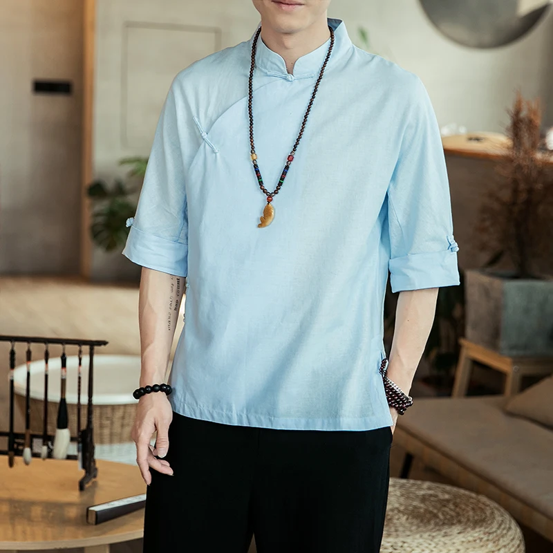 

Summer Ethnic Style Short-sleeved T-shirt Slim Men's Five-point Hanfu Cotton and Linen Top Trend Men's Shirt Plus Size