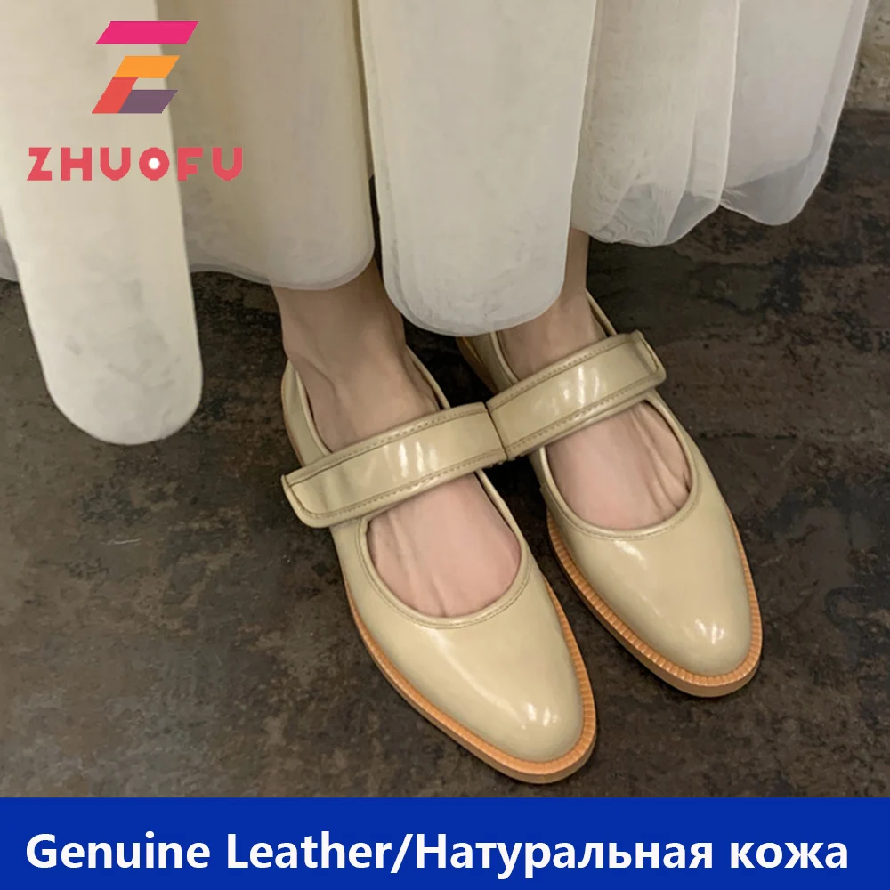 

ZHUOFU 2022 осенние новые женские туфли с круглым носком на массивном каблуке из спилка Женские однотонные туфли-лодочки с пряжкой женские туфли мэри джейн на плоской подошве