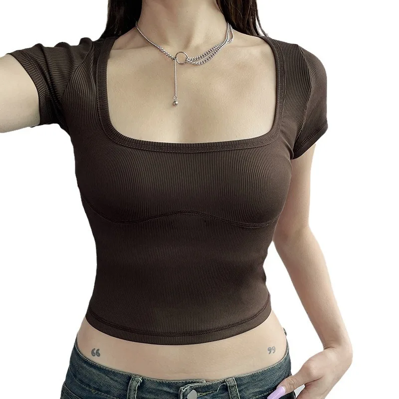 Однотонный облегающий короткий топ с квадратным вырезом Женская Повседневная