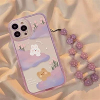 wrist strap cute cartoon bear rabbit phone case for iphone 11 se3 13 pro max 12 mini xs max x xr 7 plus 8 6s 6 cover with chain