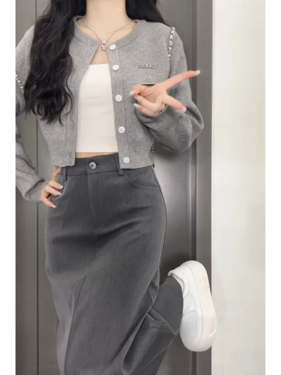 Серый свитер вязаный кардиган женский весенне-осенний 2024 новинка маленький