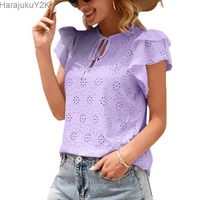 womens blouse 2022 summer new chain link flower hollow lace solid color shirt round neck lotus leaf sleeve shirt top women