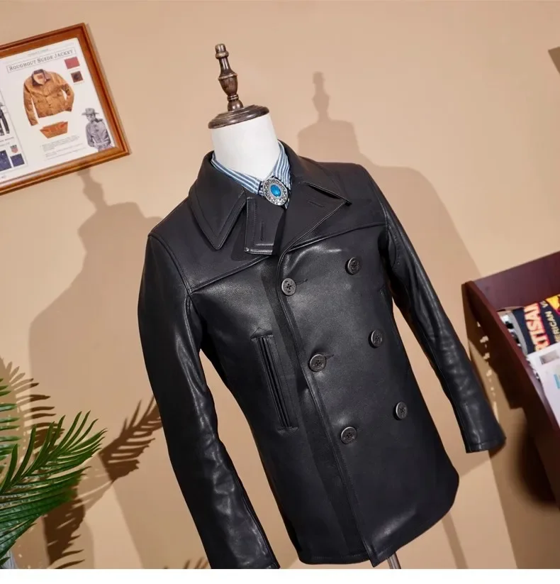 LNY Shop Best. Натуральная телячья кожа. Классическая кожаная куртка темно-синего