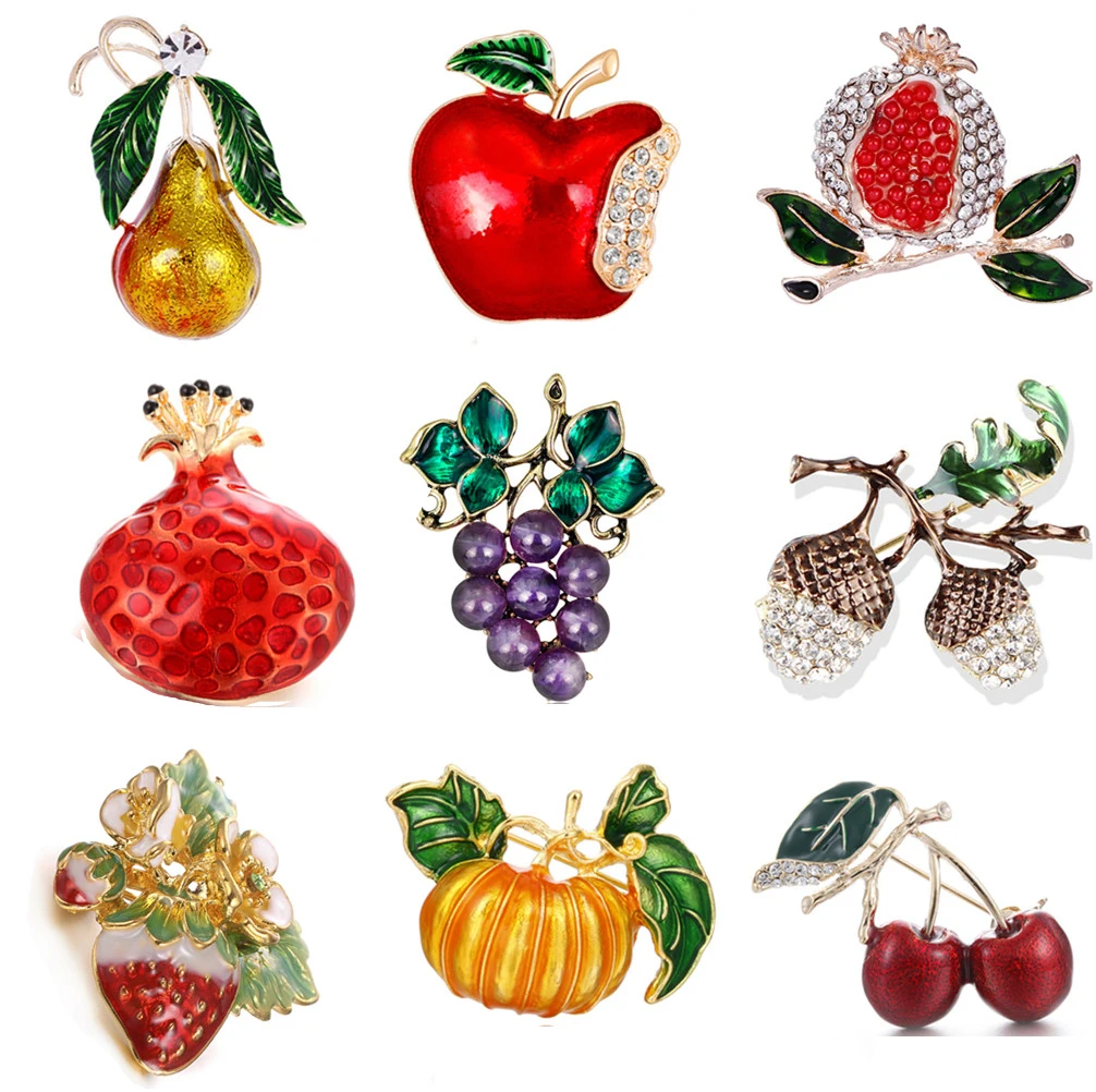 

Grapes apple Banana pear Cherry Pumpkin Strawberry Brooches For Women Fruit Pins Enamel Vintage Jewelry Coat Accessories Gift