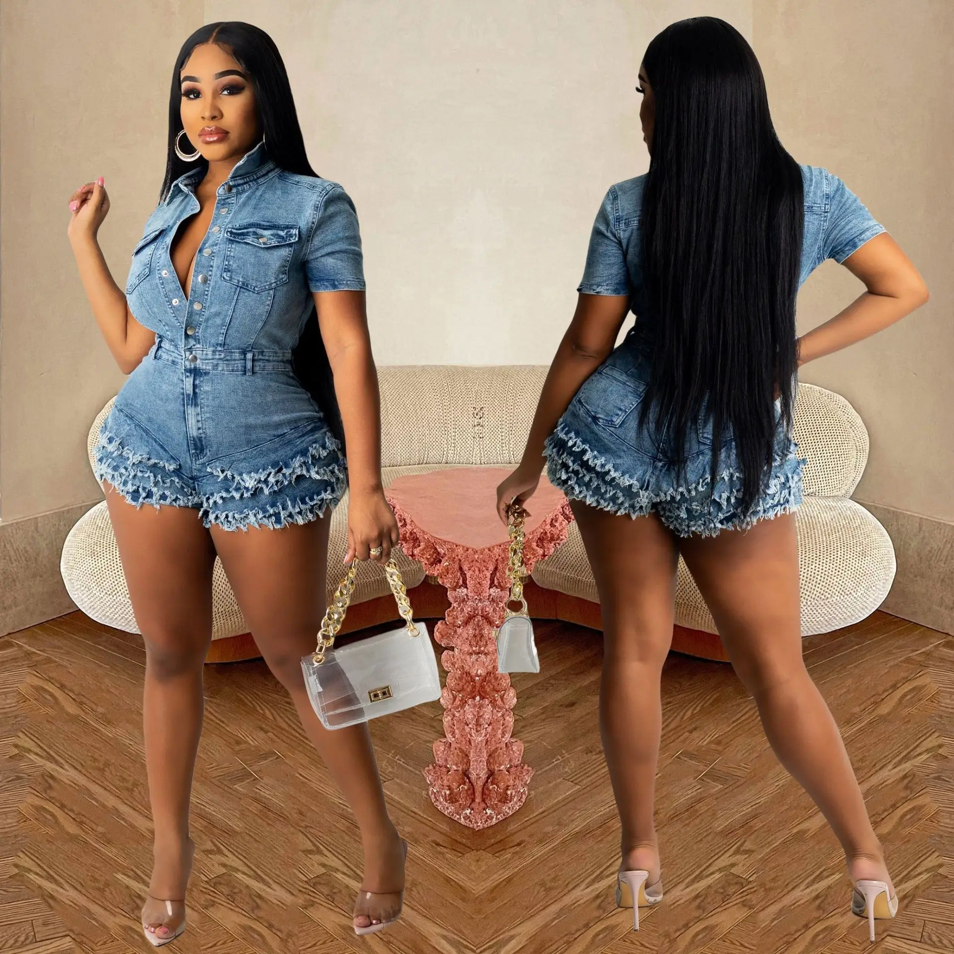 Women's Denim Jumpsuit Summer Sexy Babes Fashion Denim Slim Rugged Tassel Denim Jumpsuit Streetwear Jumpsuit