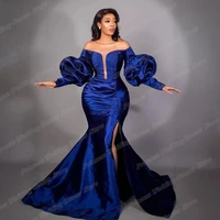 sexy mermaid prom dresses off shoulder with long sleeve side slit simple mono evening party gown v neck vestido de noche 2022