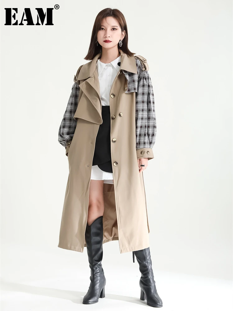 

[EAM] Women Khaki Plaid Big Size Long Trench New Lapel Long Sleeve Loose Fit Windbreaker Fashion Tide Spring Autumn 2023 1DF1852