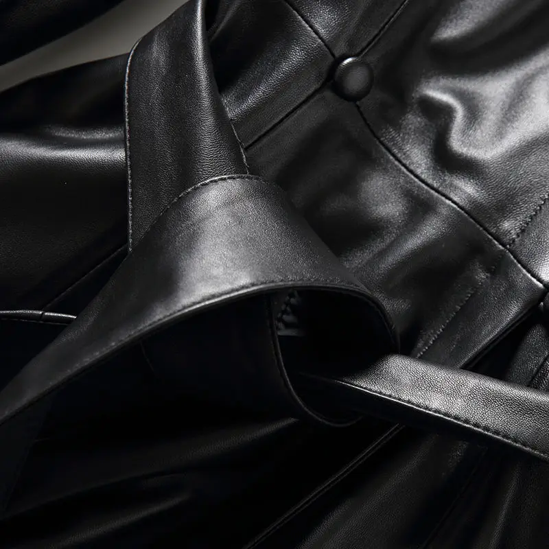 High End 2022 Spring New Sheepskin Coat Half Sleeves Women's Black Real Leather Long Windbreaker Classic Loose Office Jacket