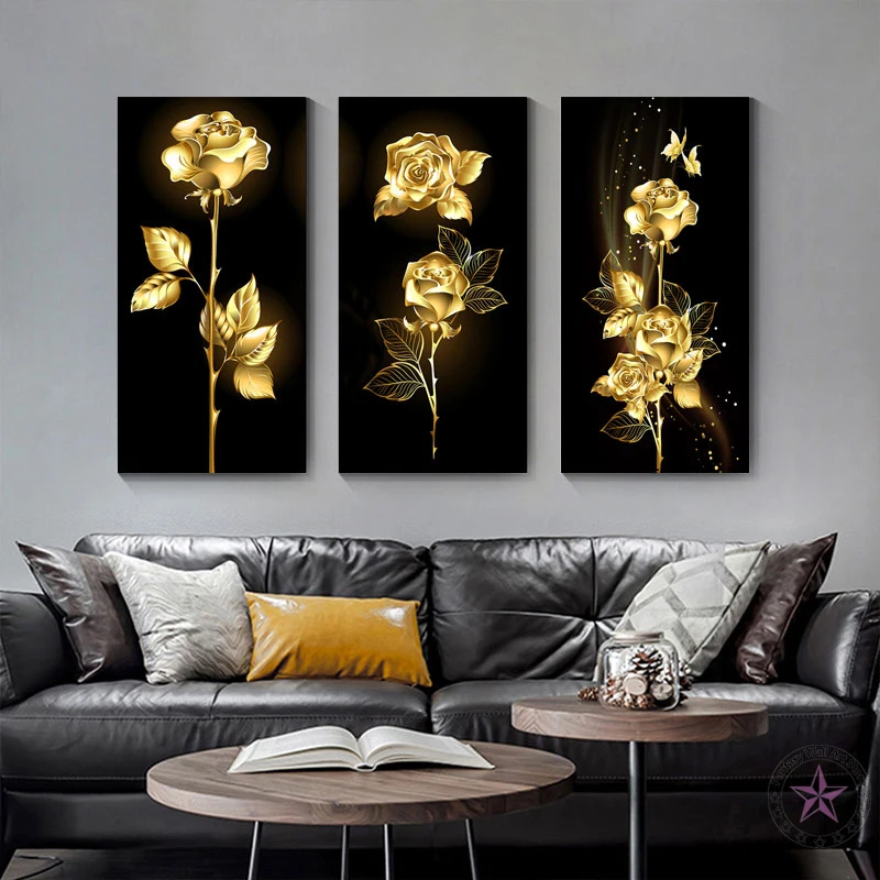 

Abstract Black Golden Flower Decorative Painting Gold Leaf Wall Art Luxury Poster Canvas Print Modern Interior Room Home Decor