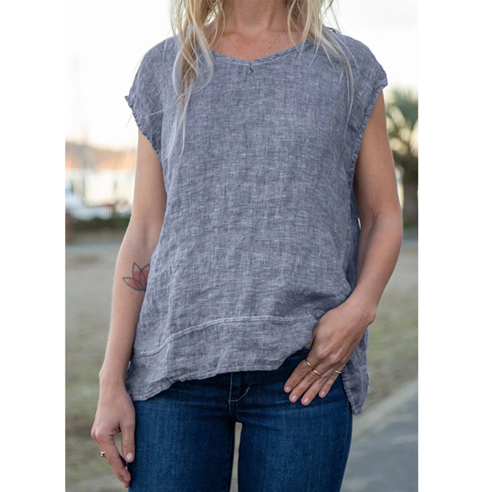 

Майка женская однотонная из хлопка и льна, модный Свободный Топ с круглым вырезом, с открытыми плечами и бархатным подкладом, лето