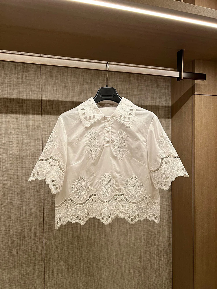 

Bearomad Fashion Summer White Casual Shirt women Turn-down Collar Single Breasted Embroidery Hook flower hollow Party Shirt