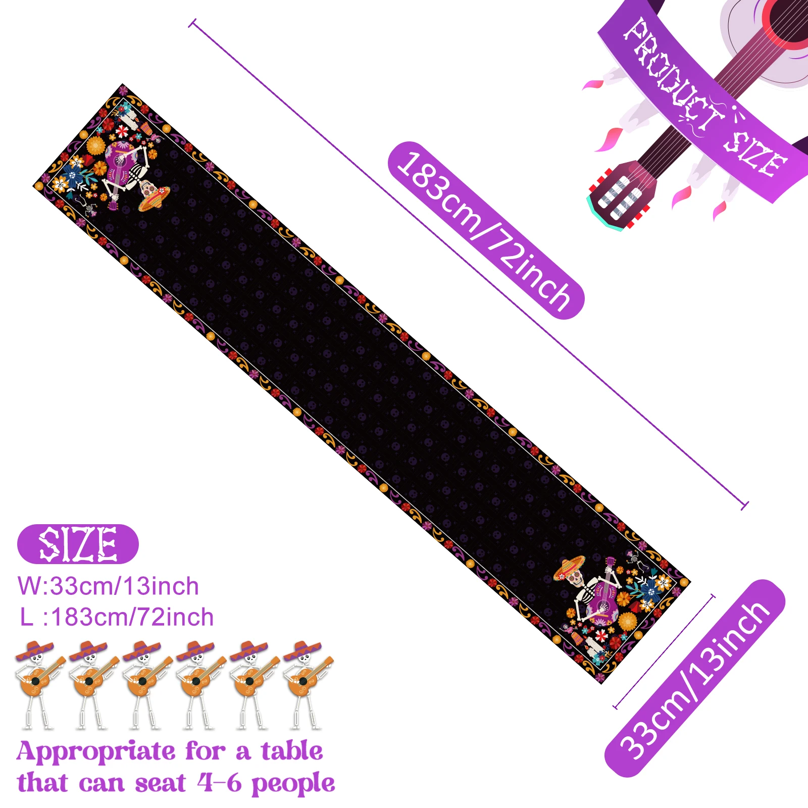 Доріжка Для Стола день Мертвых 13x72 Дюйма Полиэстер Дизайн Сахарного Черепа