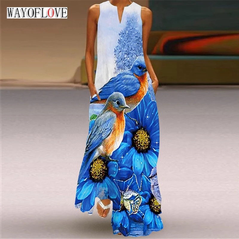 

WAYOFLOVE Ladies Spring Summer Blue Long Dress Women Sleeveless V-neck Casual Elegant Dresses Party Birds Printing Vintage Dress