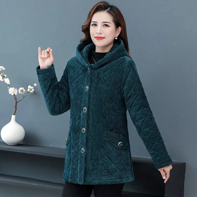 Parkas Women 2022 Winter New Fleece Thicke Corduroy Outerwear Cotton Jacket Female Hooded Padded Coat Clothes Basic Coats