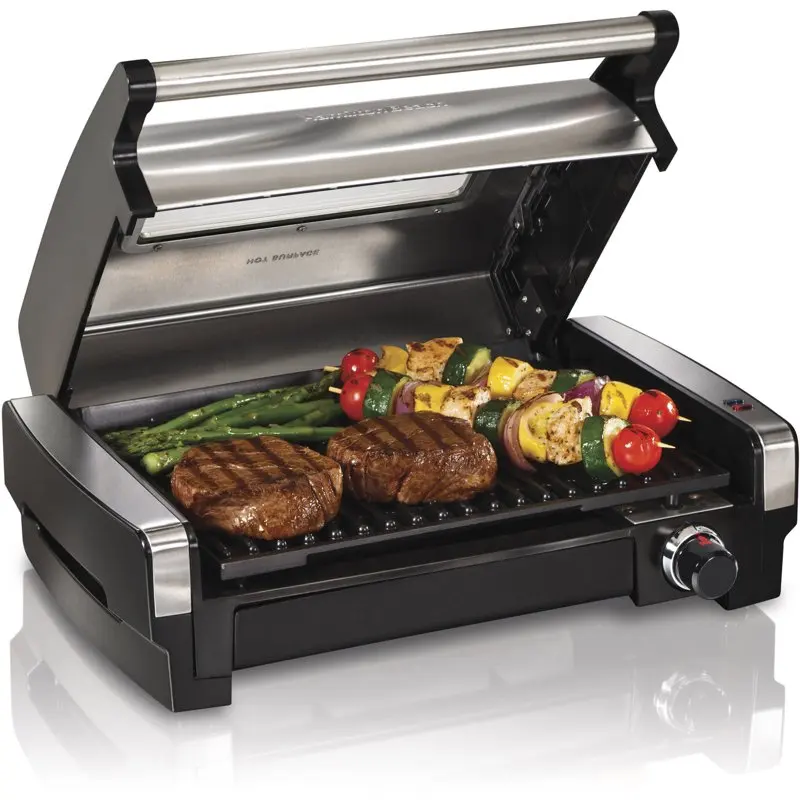 

Electric Indoor Searing Grill with Removable Plates and Less Smoke, Brushed Metal, with Glass Viewing Window Model # 25361