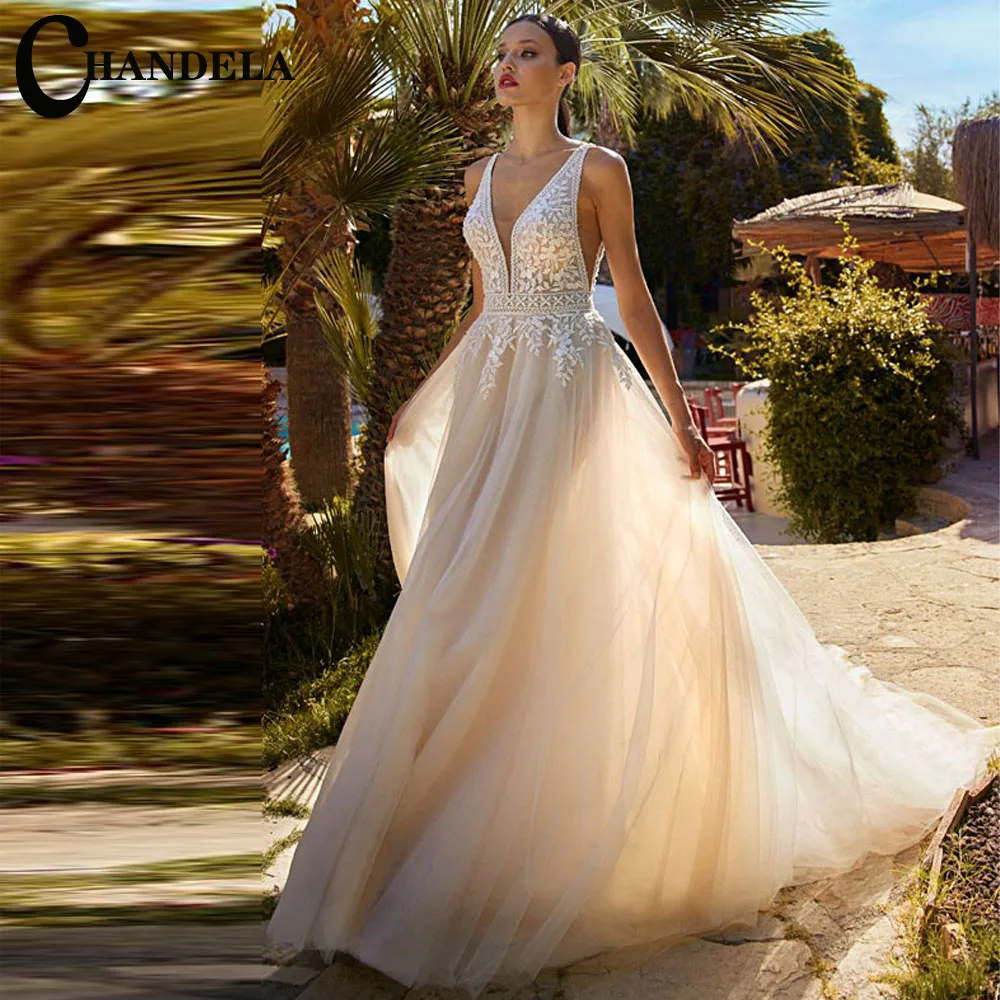 

CHANDELA Modern Wedding Dresses A-Line Sleeveless Scoop Tulle Appliques Bridal Gown Robe De Mariée For Women Custom Made